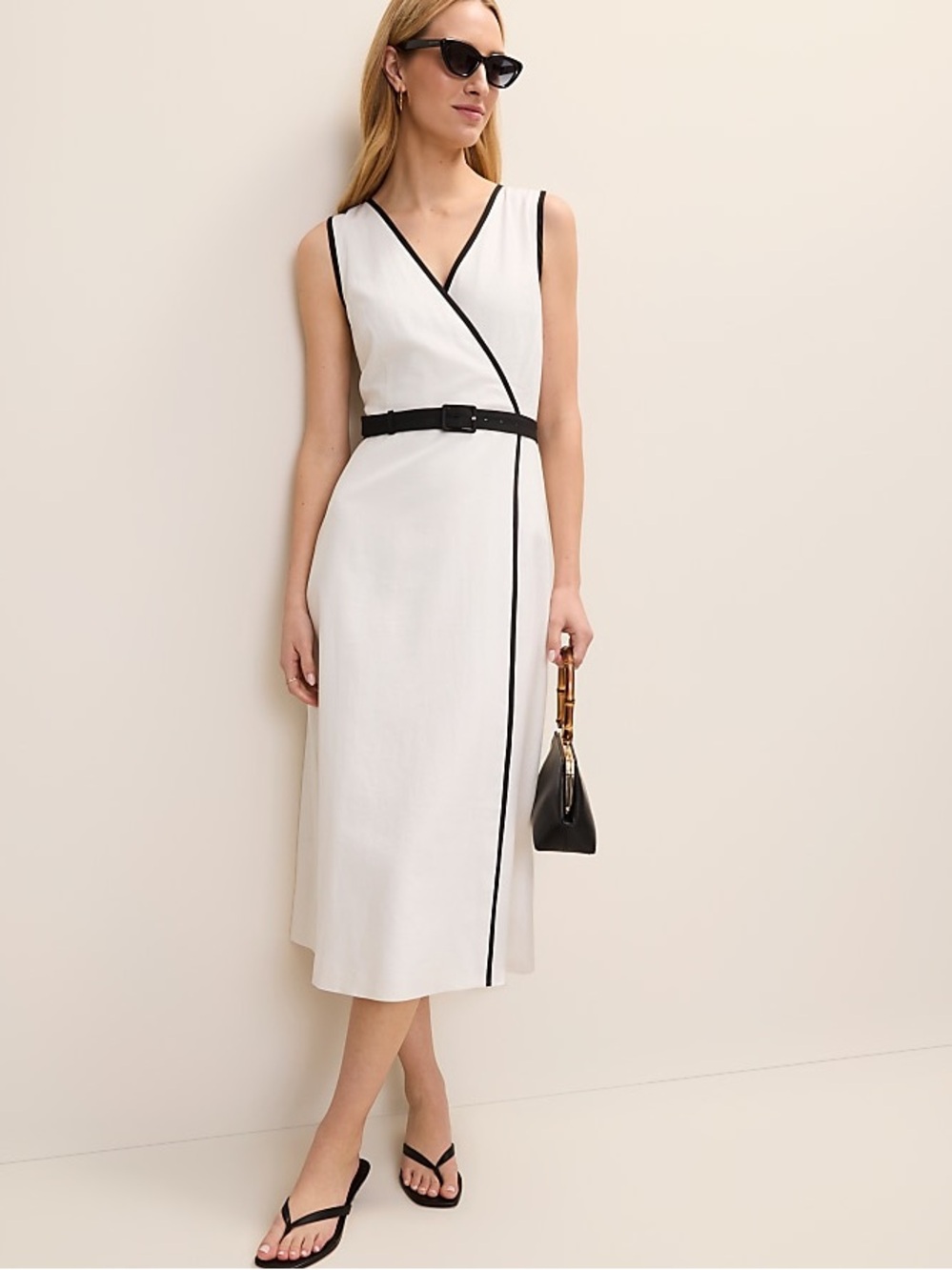 Ann Taylor Belted Linen Midi Dress White Black Contrast Trim Corporate 2P